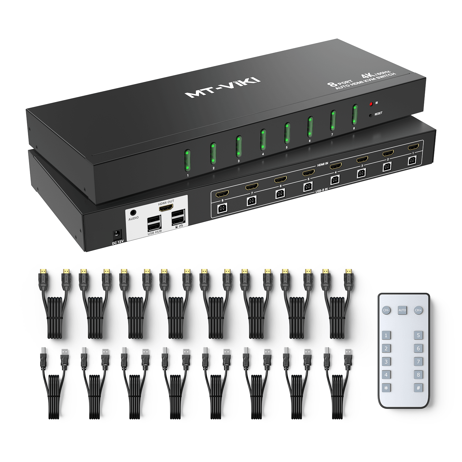 Industrial KVM Switch 8 port HDMI 4K 60HZ + Cables, Hotkey/OSD/Daisy（0801HK） - MT-VIKI