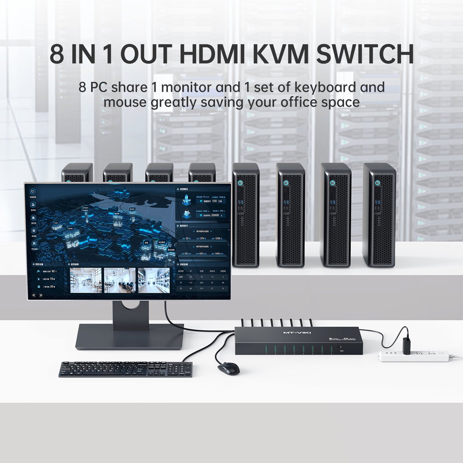 Industrial KVM Switch 8 port HDMI 4K 60HZ + Cables, Hotkey/OSD/Daisy（0801HK） - MT-VIKI