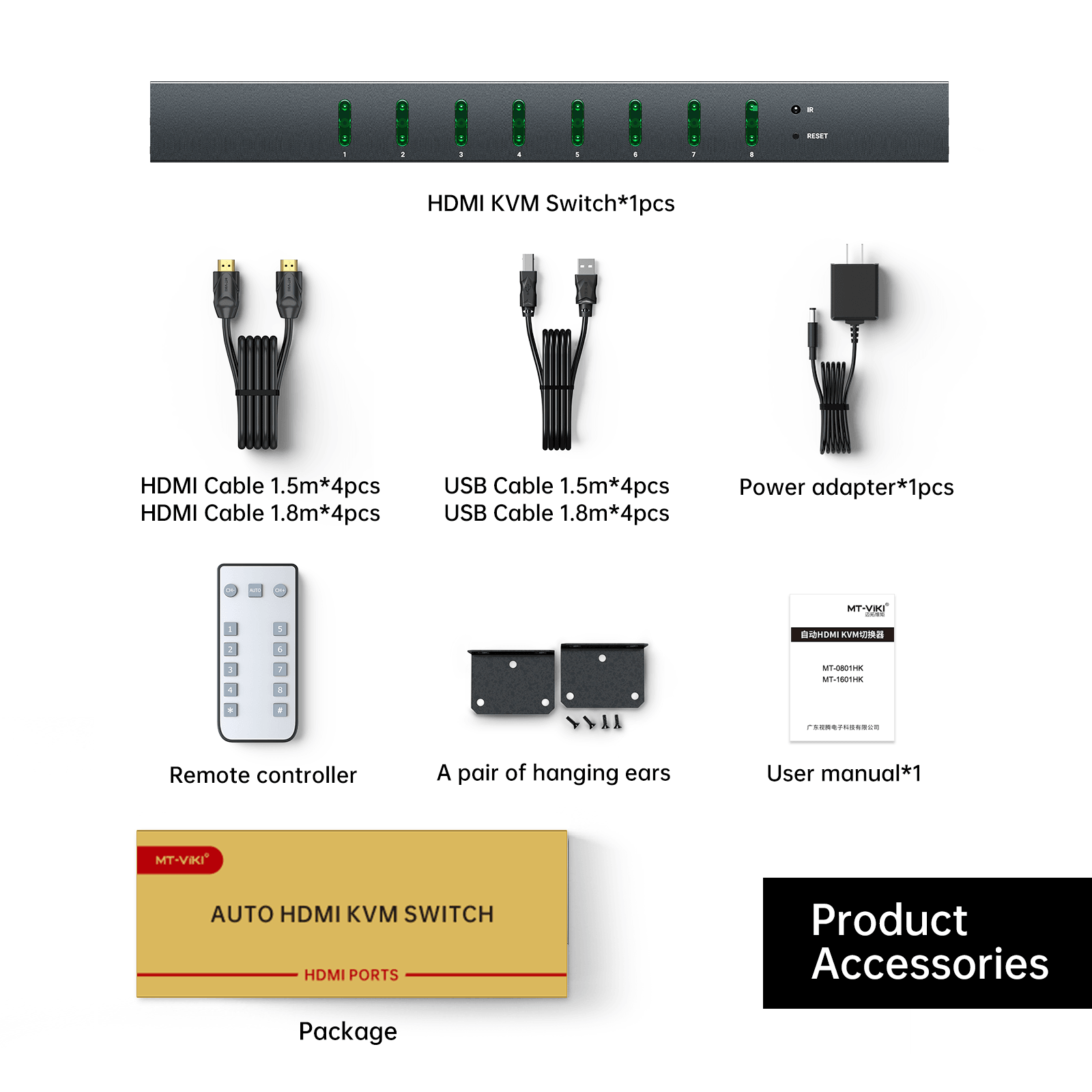 Industrial KVM Switch 8 port HDMI 4K 60HZ + Cables, Hotkey/OSD/Daisy（0801HK） - MT-VIKI