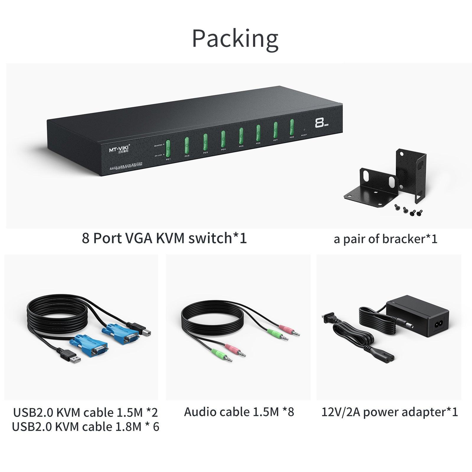 Industrial VGA KVM Switch Console 8 port + Cables, Hotkey/OSD/Daisy Chain（0801VK） - MT-VIKI