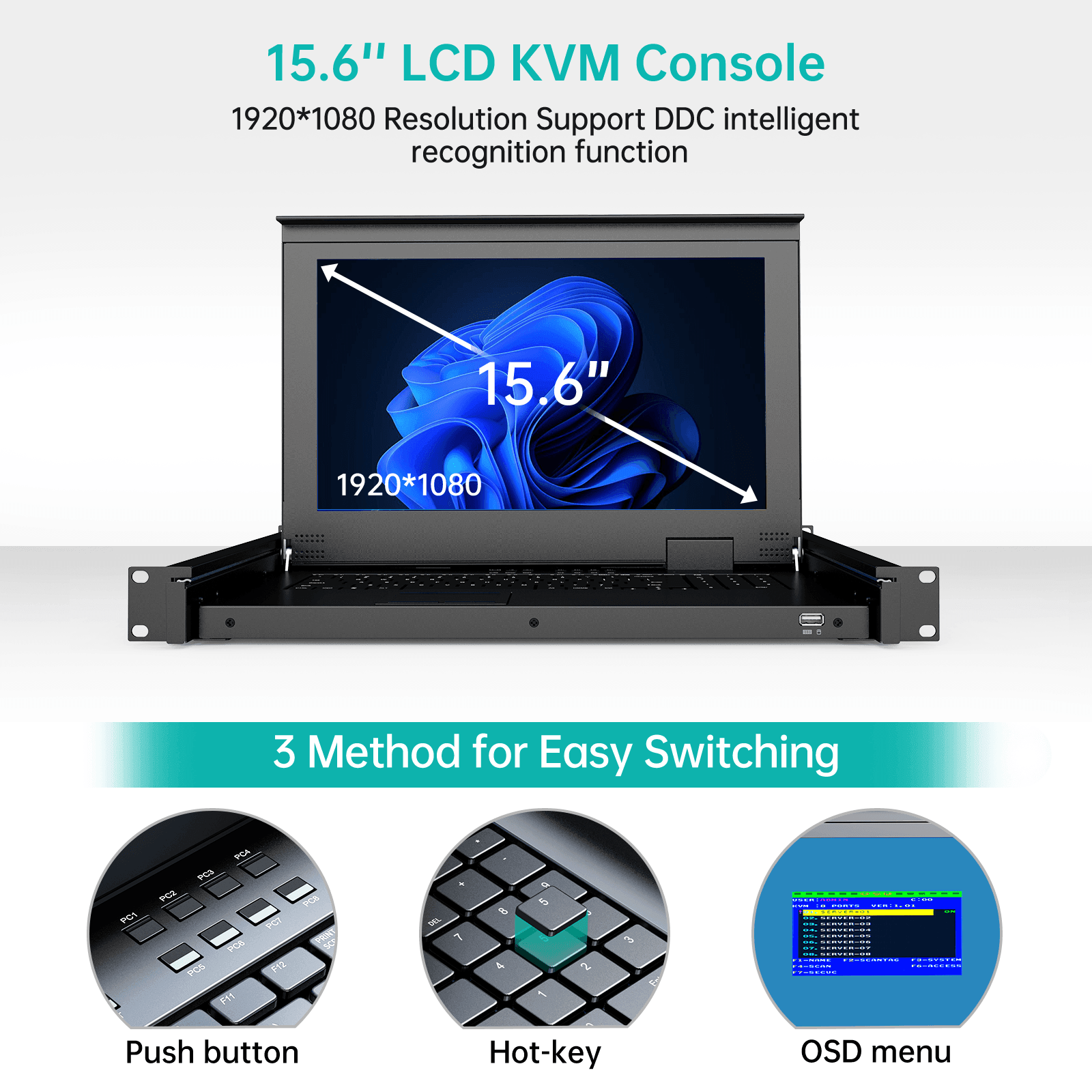 15.6" LCD KVM Switch HDMI 16 Port, MT-VIKI 1U LCD KVM Drawer + Cables（1516HL） - MT-VIKI