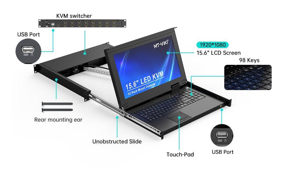 15.6" LCD KVM Switch HDMI 16 Port, MT-VIKI 1U LCD KVM Drawer + Cables（1516HL） - MT-VIKI