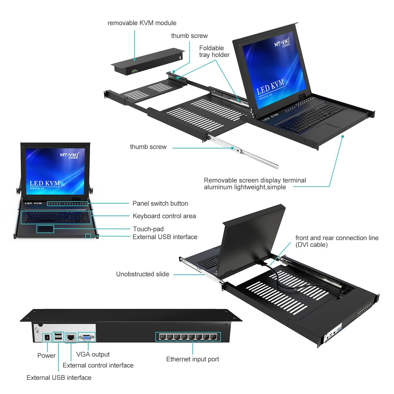 8-Port 17-inch LED CAT5 Digital KVM Switch 1280x1024 with IP Remote Control Function（1708MS-IP） - MT-VIKI