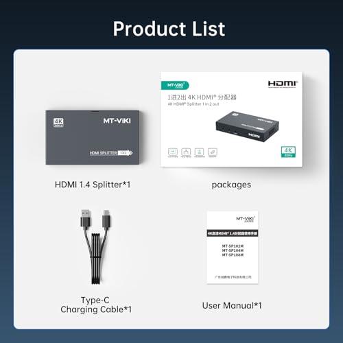 4K HDMI Splitter 1 in 2 Out, MT-VIKI Slim USB C Powered HDMI Splitter 1x2 for Dual Monitor（SP102-B） - MT-VIKI