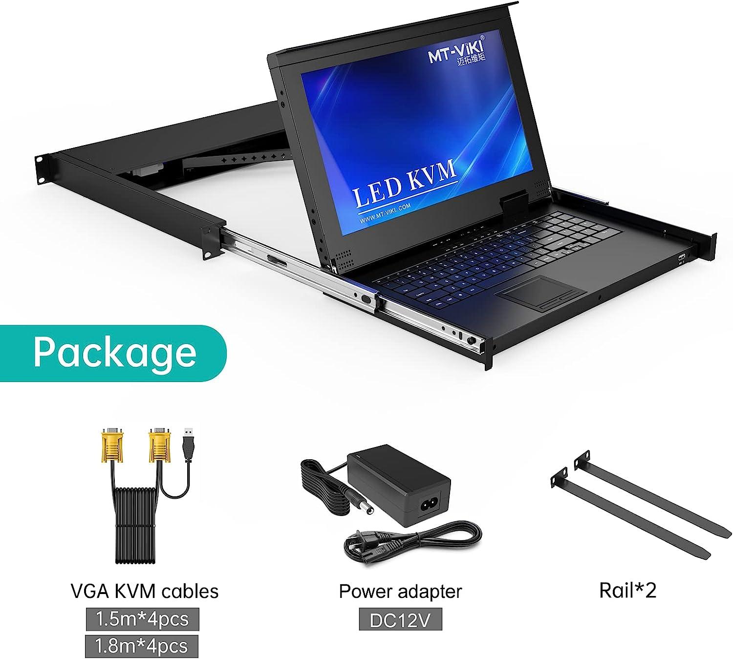 15.6" LCD KVM Console Switch VGA 8 Port, MT-VIKI 1U KVM Drawer + Cables（1568UL） - MT-VIKI