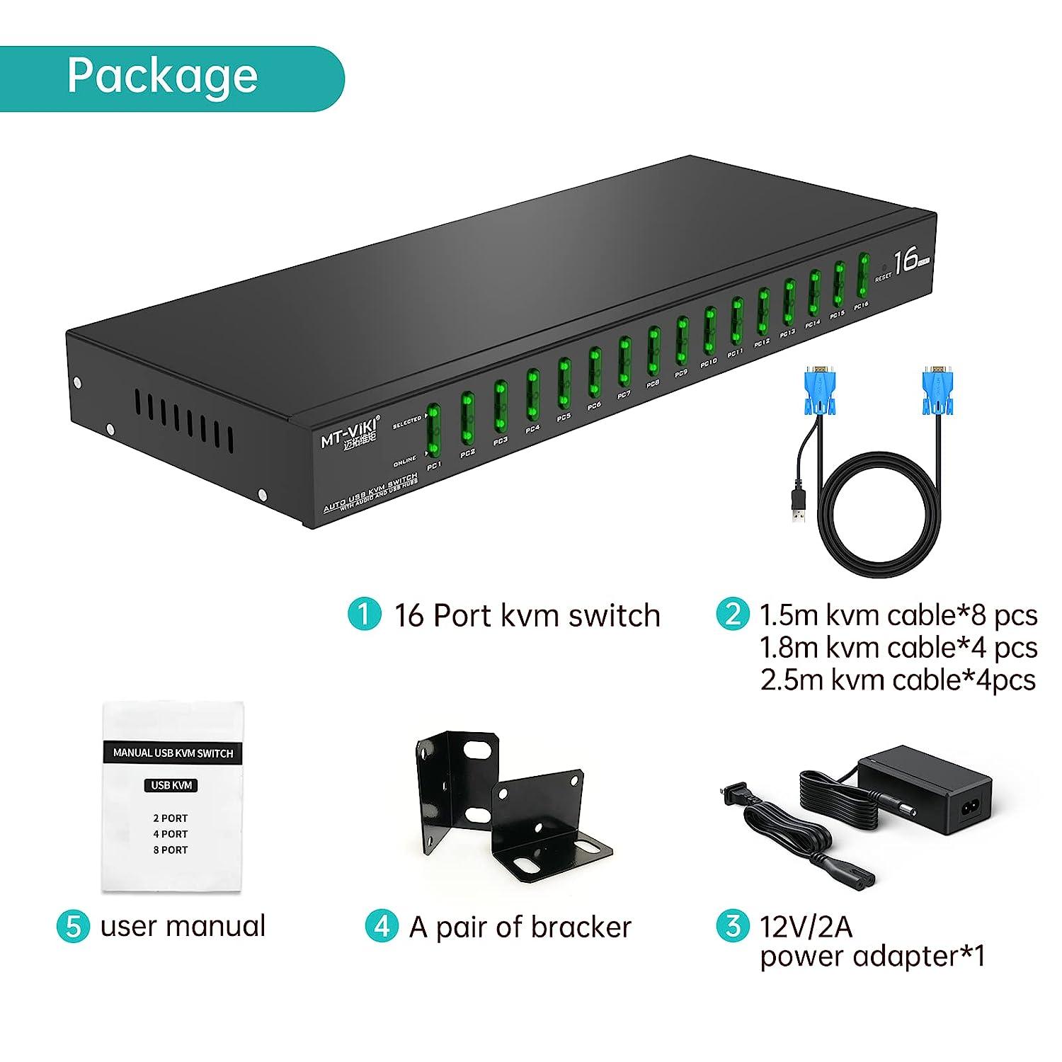 Industrial VGA KVM Switch Console 16 port + Cables, Hotkey/OSD/Daisy（1601VK） - MT-VIKI