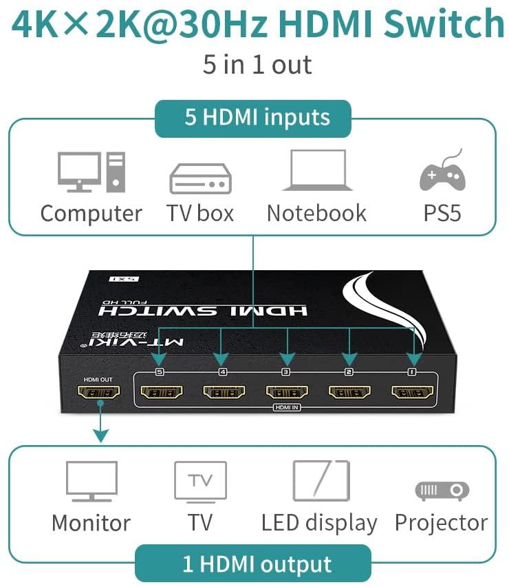 4K 30Hz 5 Port HDMI Switch Switcher 5 in 1 out Selector（SW501） - MT-VIKI