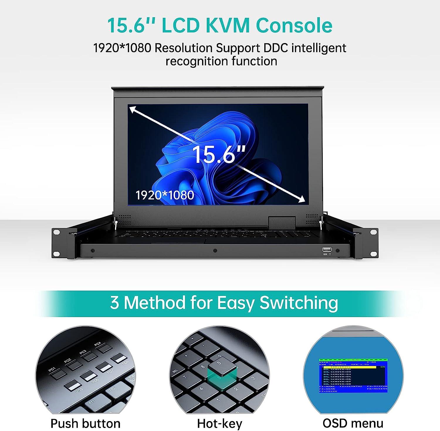 15.6" LCD KVM Console Switch VGA 8 Port, MT-VIKI 1U KVM Drawer + Cables（1568UL） - MT-VIKI