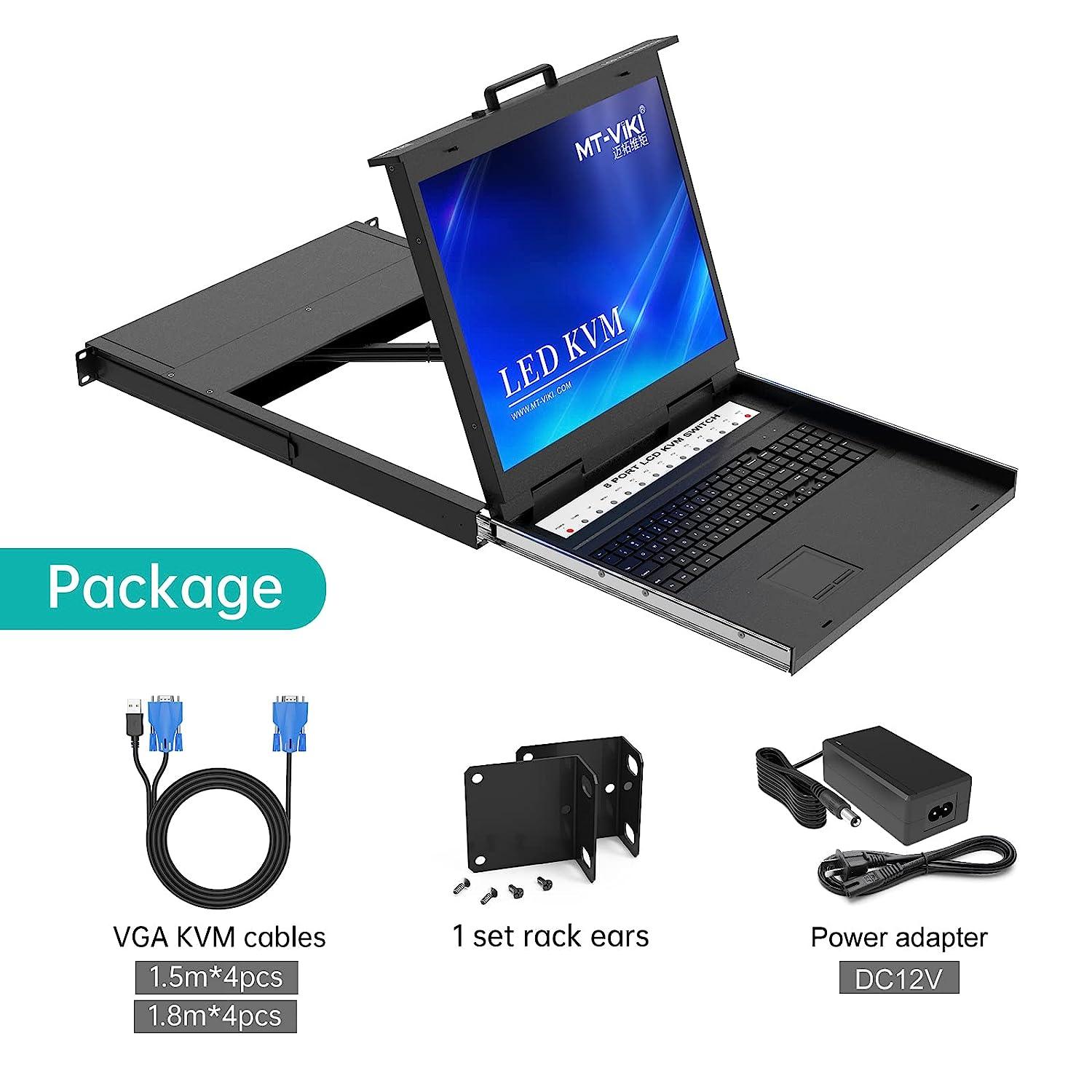 8 Port 19" LCD KVM Console Switch Drawer VGA + Cables For 1U Rack（1908UL） - MT-VIKI