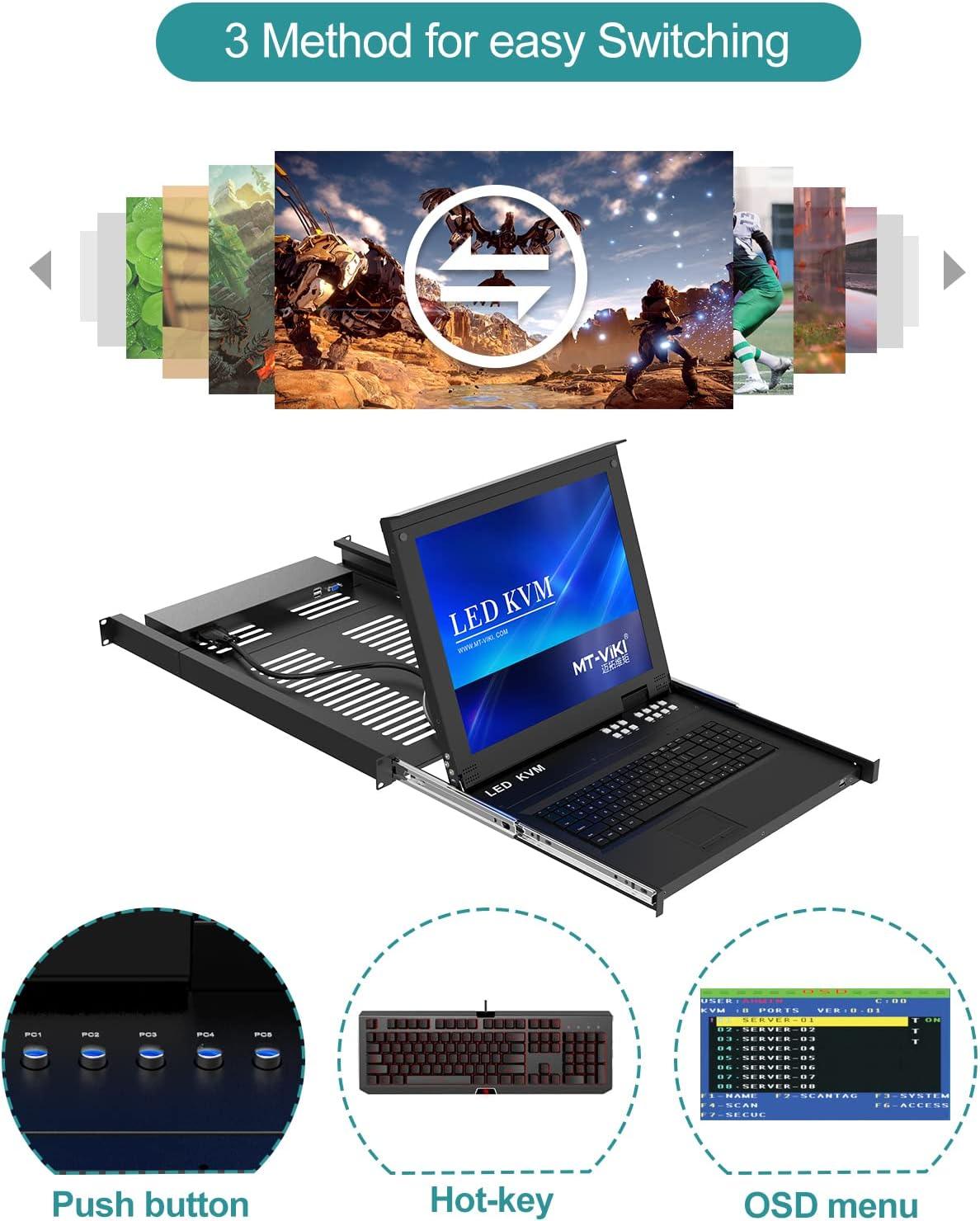 8 Port 17" LCD KVM Console Switch Drawer VGA + Cables For 1U Rack（1708UL） - MT-VIKI