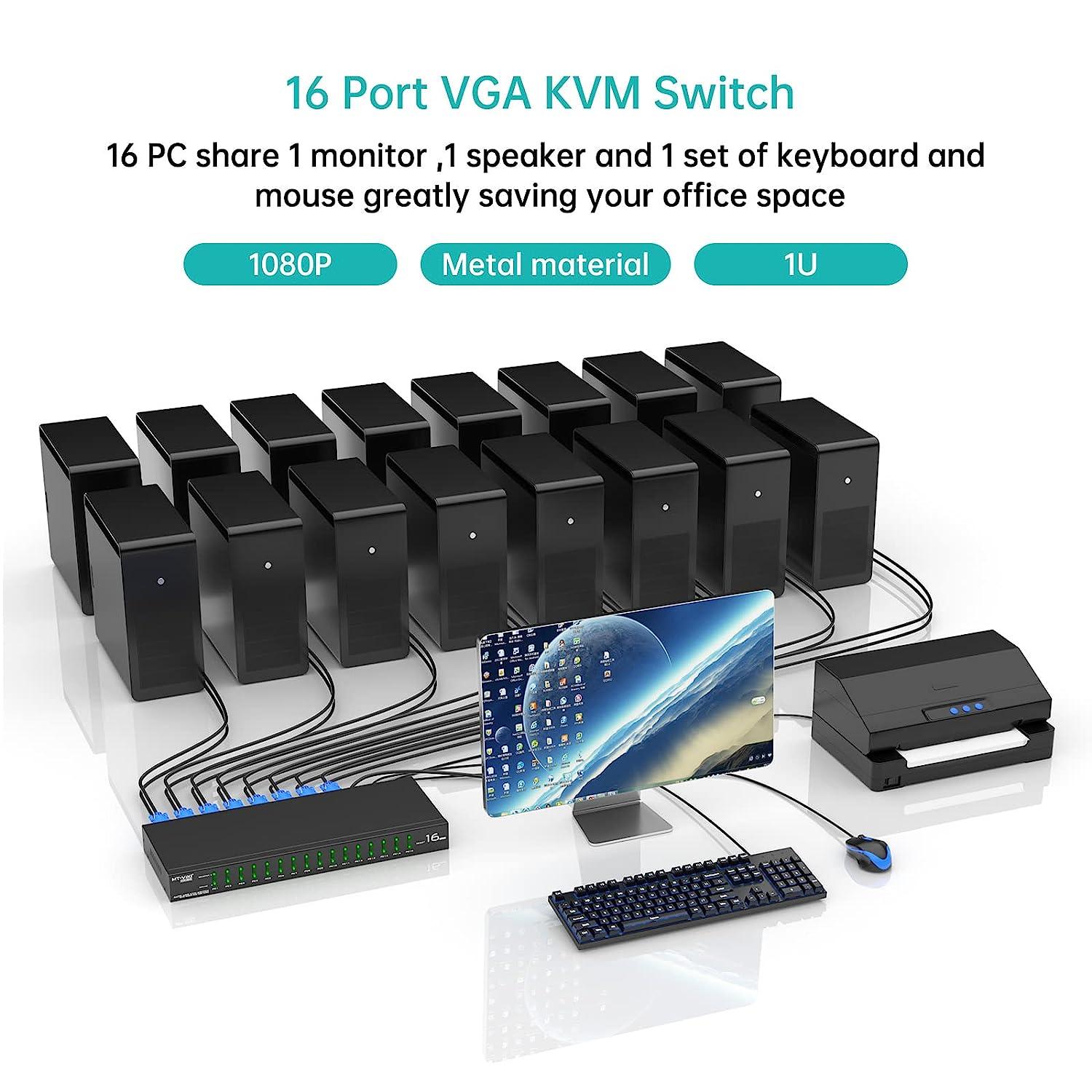 Industrial VGA KVM Switch Console 16 port + Cables, Hotkey/OSD/Daisy（1601VK） - MT-VIKI