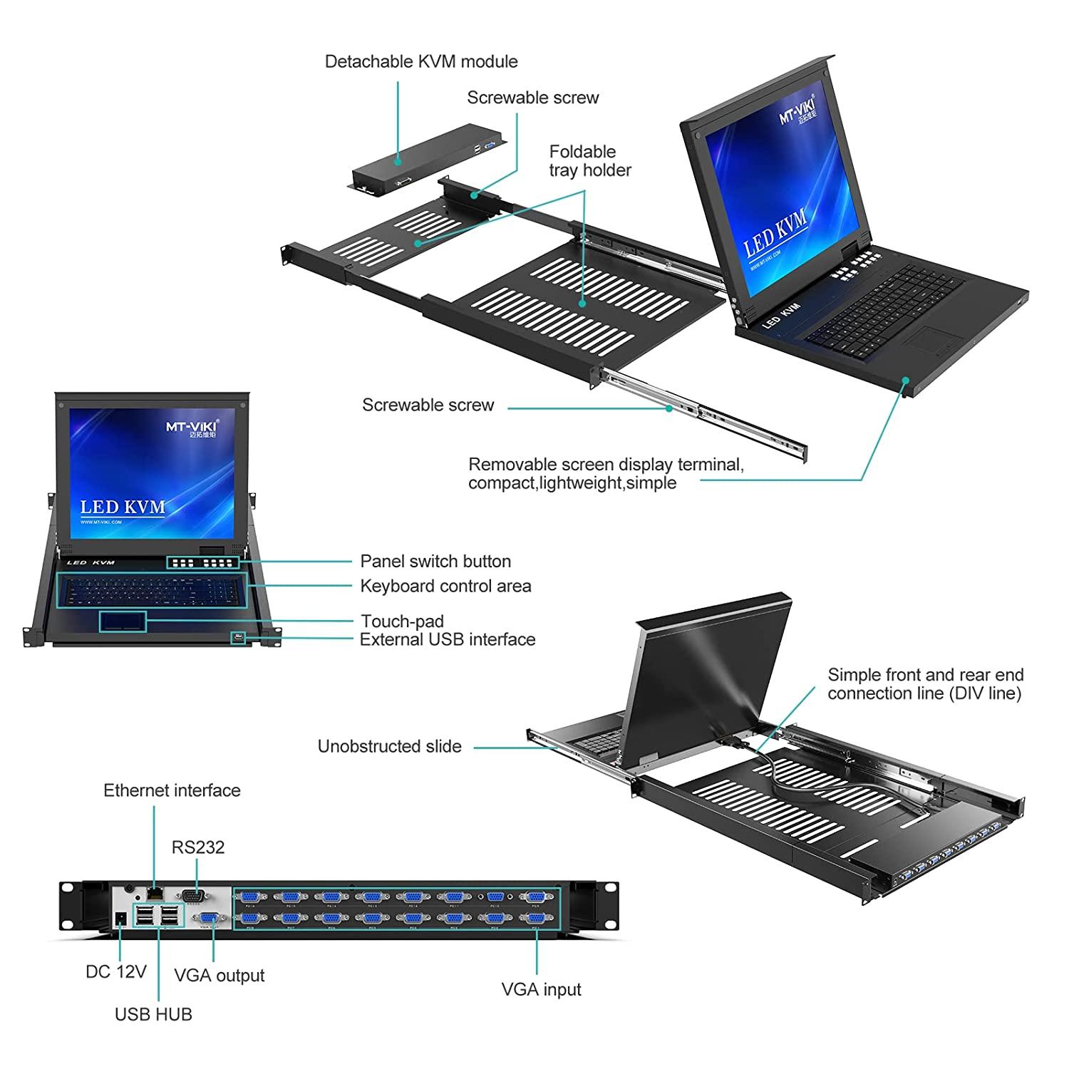 8 Port 17" IP LCD KVM Console Switch Drawer VGA + Cables For 1U Rack（1708UL-IP） - MT-VIKI