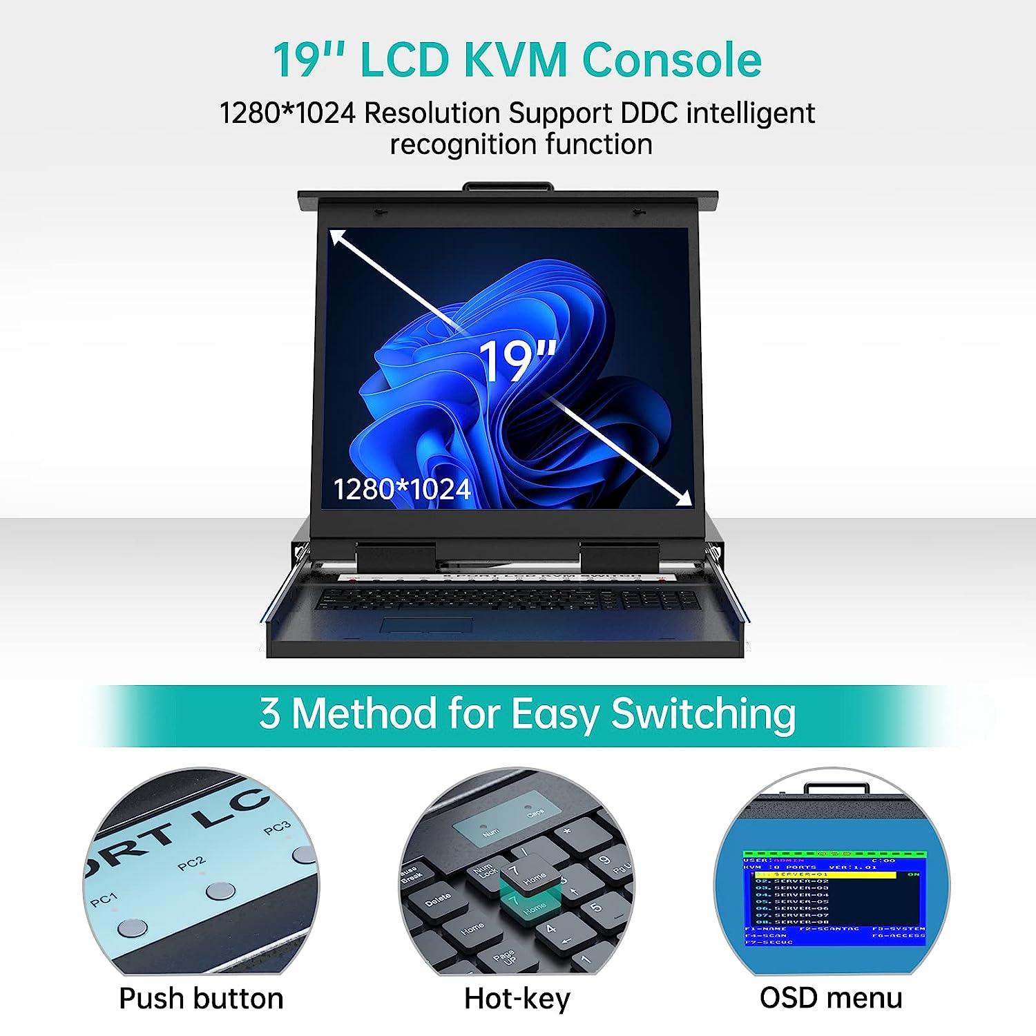 16 Port 19" LCD KVM Console Switch Drawer VGA + Cables For 1U Rack（1916UL） - MT-VIKI