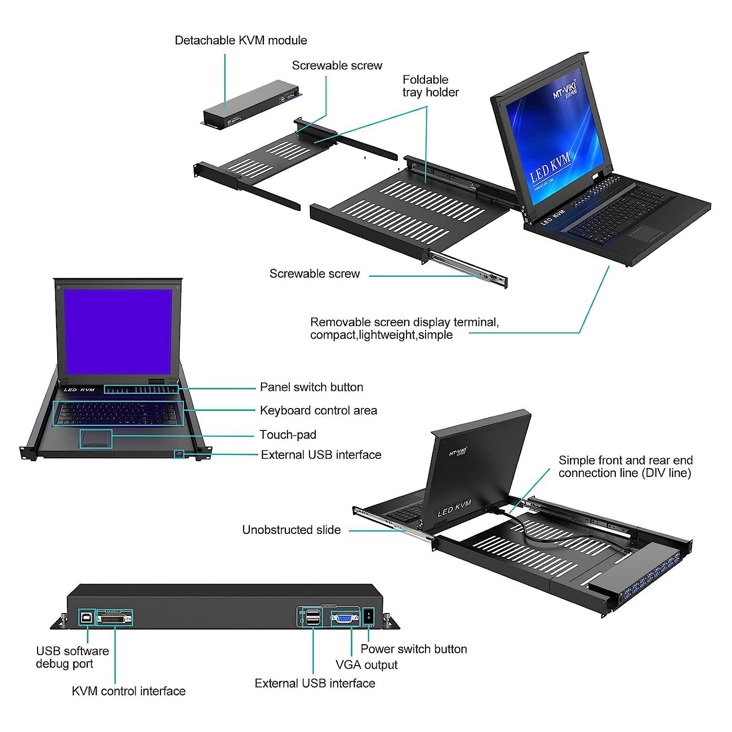 16 Port 17" LCD KVM Console Switch Drawer VGA + Cables For 1U Rack（1716UL） - MT-VIKI