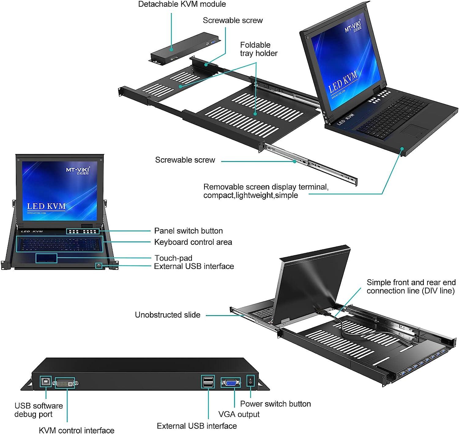 8 Port 17" LCD KVM Console Switch Drawer VGA + Cables For 1U Rack（1708UL） - MT-VIKI