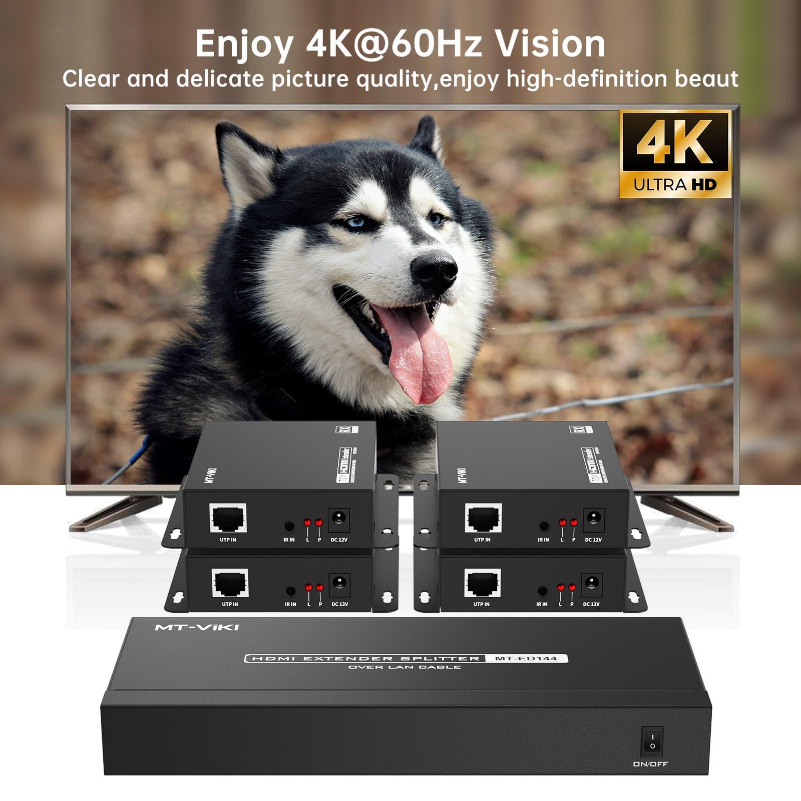 4K@60Hz 70m HDMI Extender and Splitter with IR Passback, and 1-to-4 Distribution（ED144） - MT-VIKI