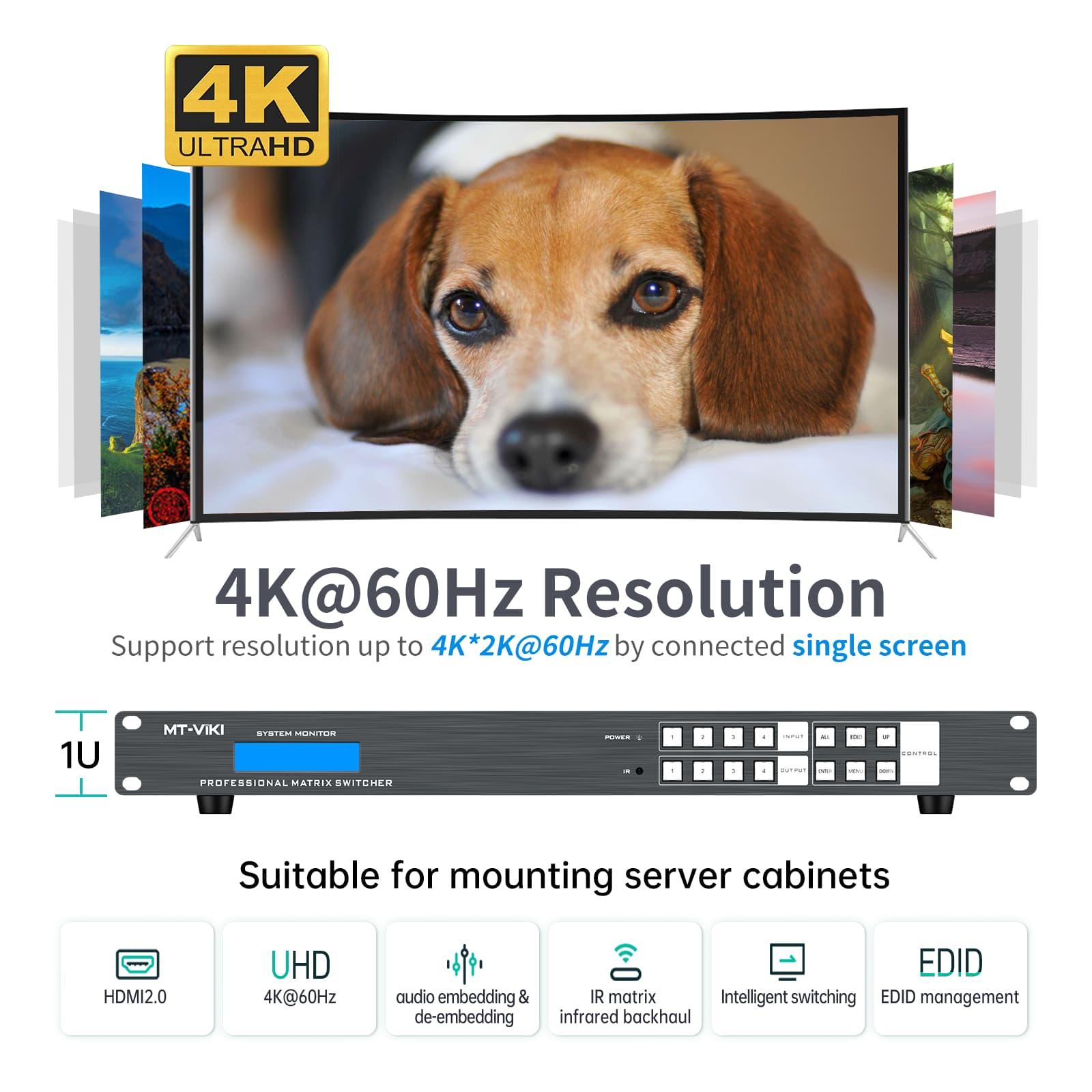 4K@60Hz 4x8 HDMI Matrix Switcher 70m RJ45 ，1U（ED404H） - MT-VIKI