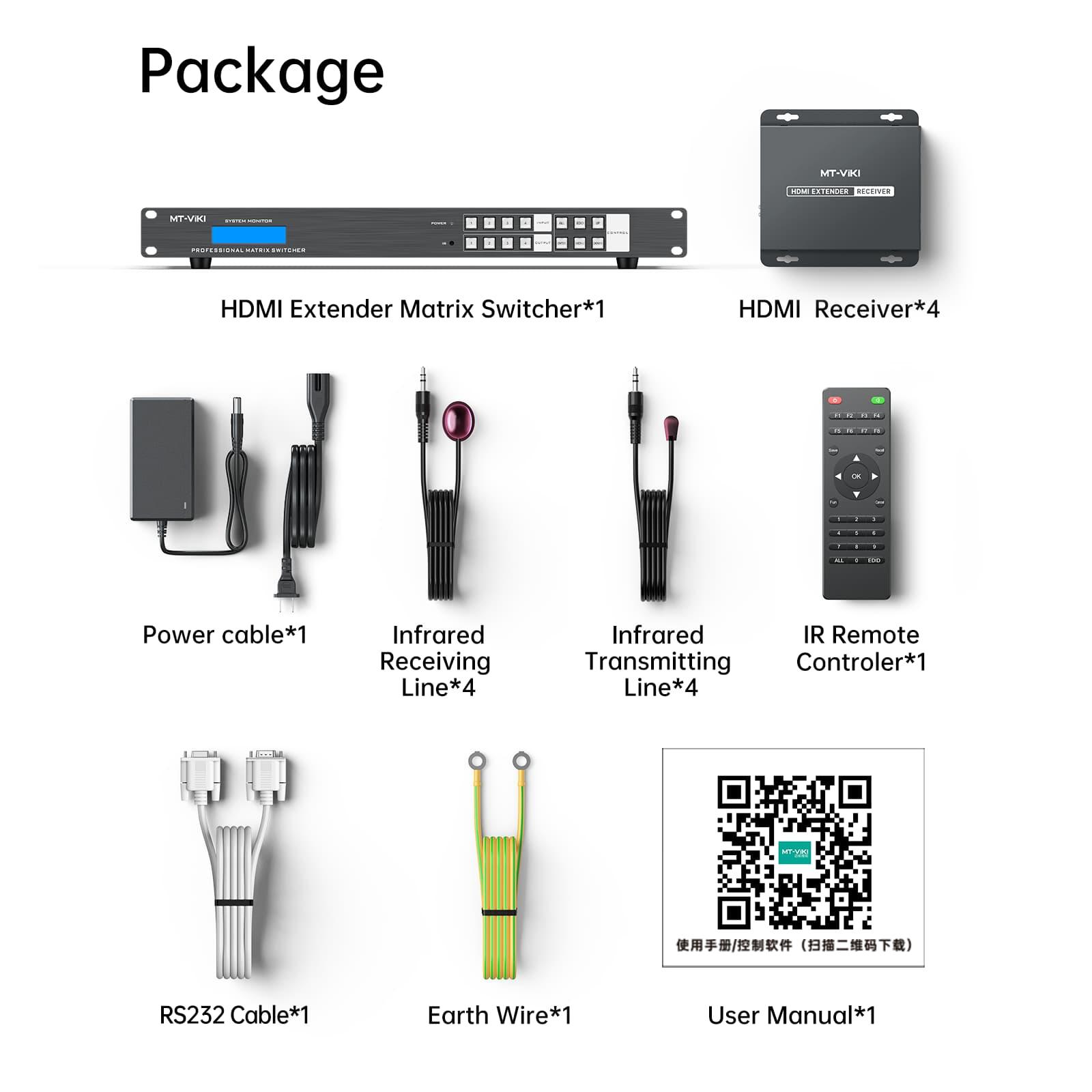 4K@60Hz 4x8 HDMI Matrix Switcher 70m RJ45 ，1U（ED404H） - MT-VIKI