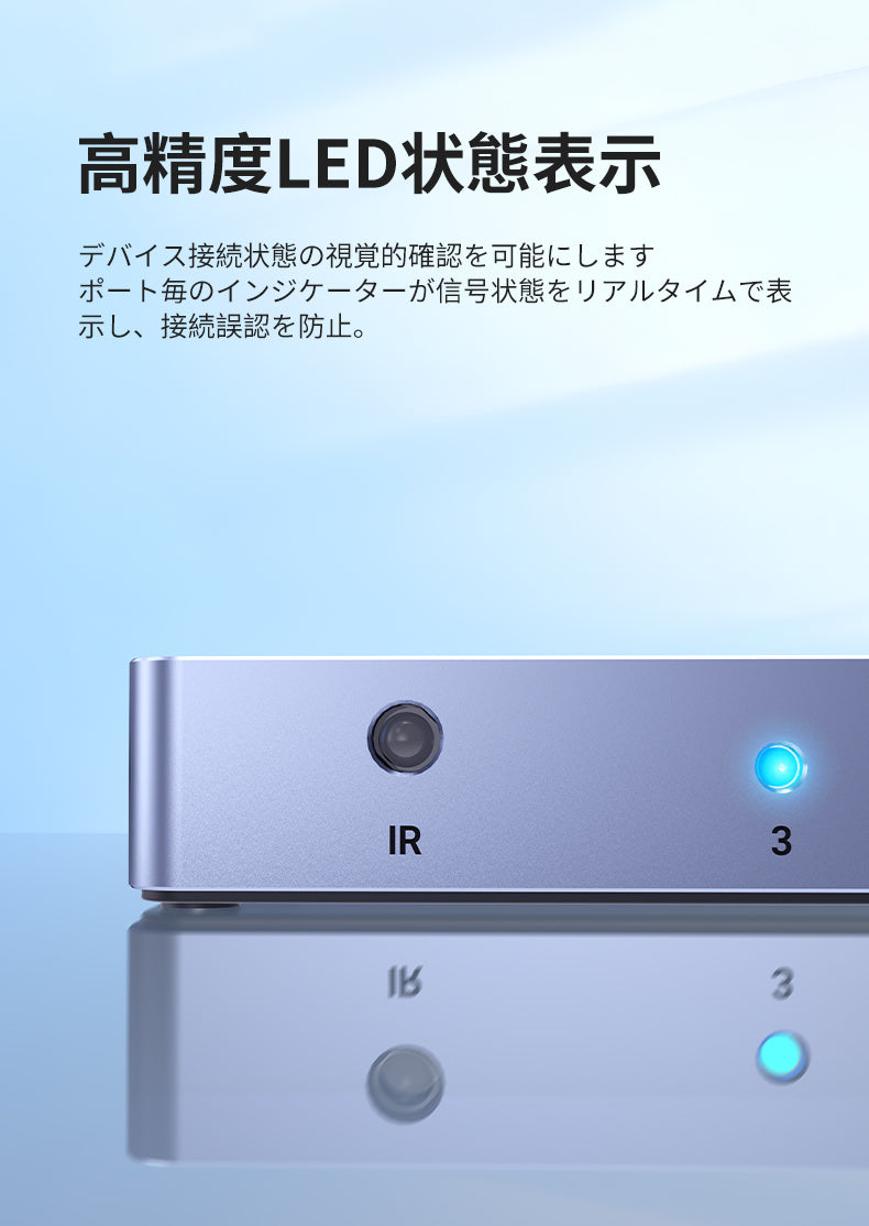 高性能な8K HDMI 2.1 3入力1出力の切替器です。8K@60Hz、4K@240Hzの超高解像度、48Gbpsの高帯域