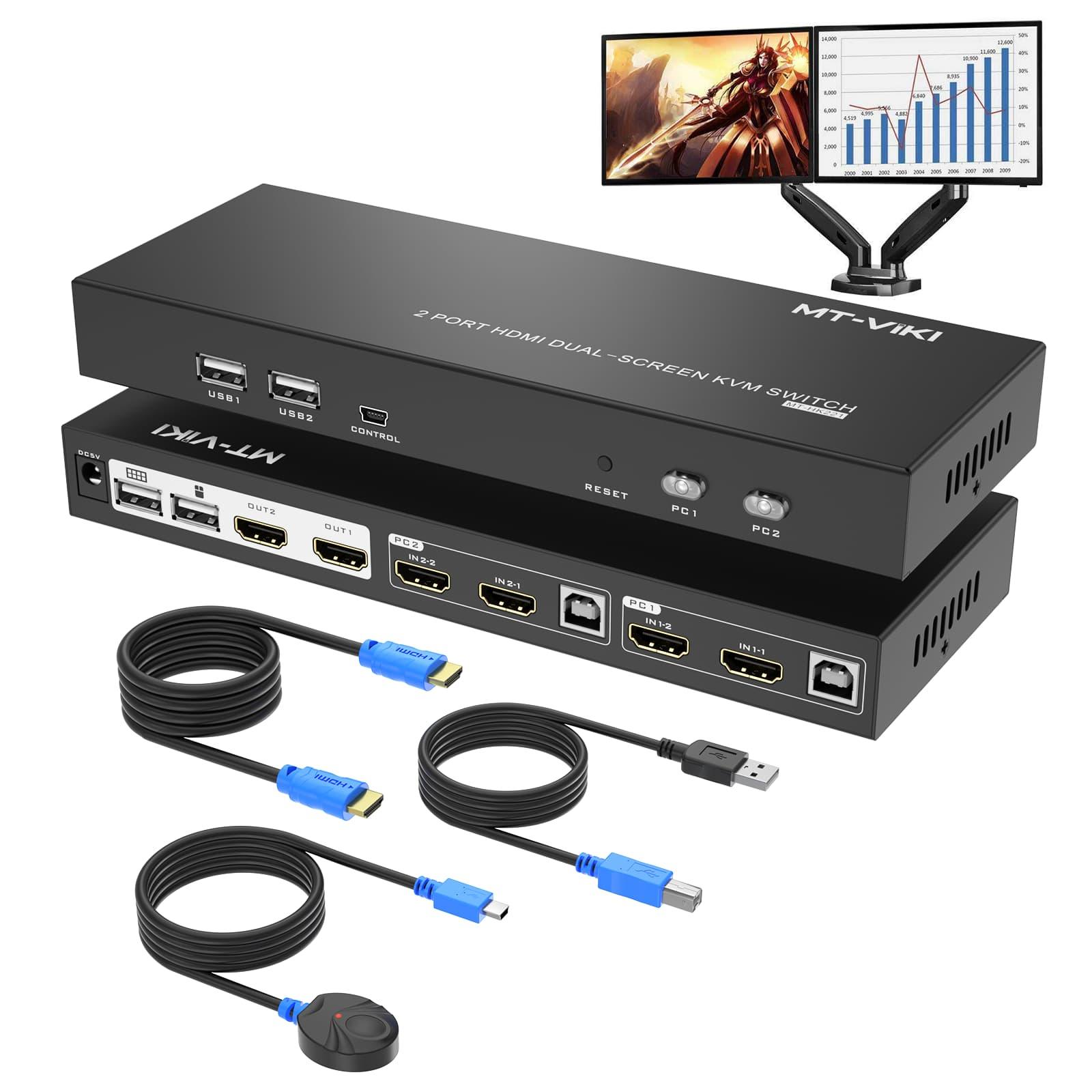 Dual Monitor KVM Switch HDMI 2 Port 4K@60Hz + Cables（HK221） - MT-VIKI