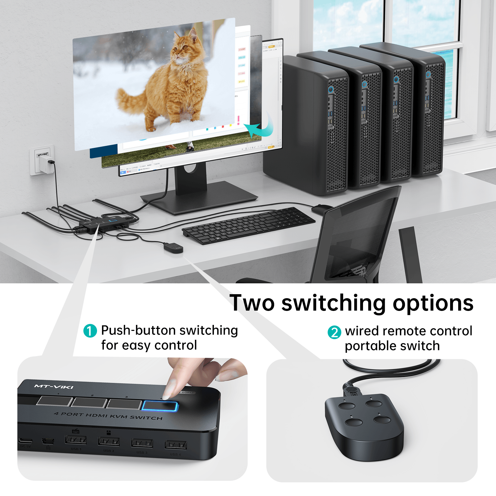 4K@60Hz KVM Switches HDMI 4 Port, 4 Computers 1 Monitor Share Keyboard Mouse Printer（KH4S） - MT-VIKI