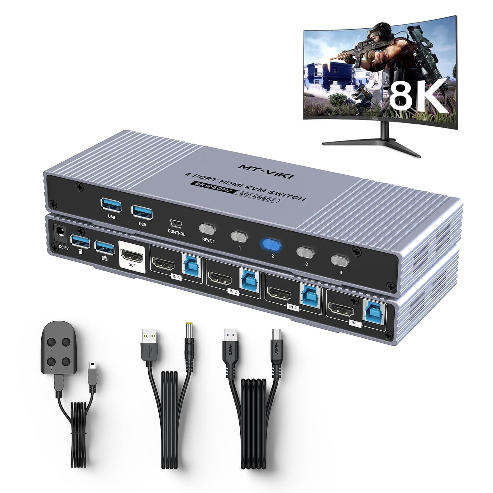 Seamless 8K 60hz HDMI KVM Switch 4 Port with 4 USB 3.0 Ports & Aluminum（KH804） - MT-VIKI
