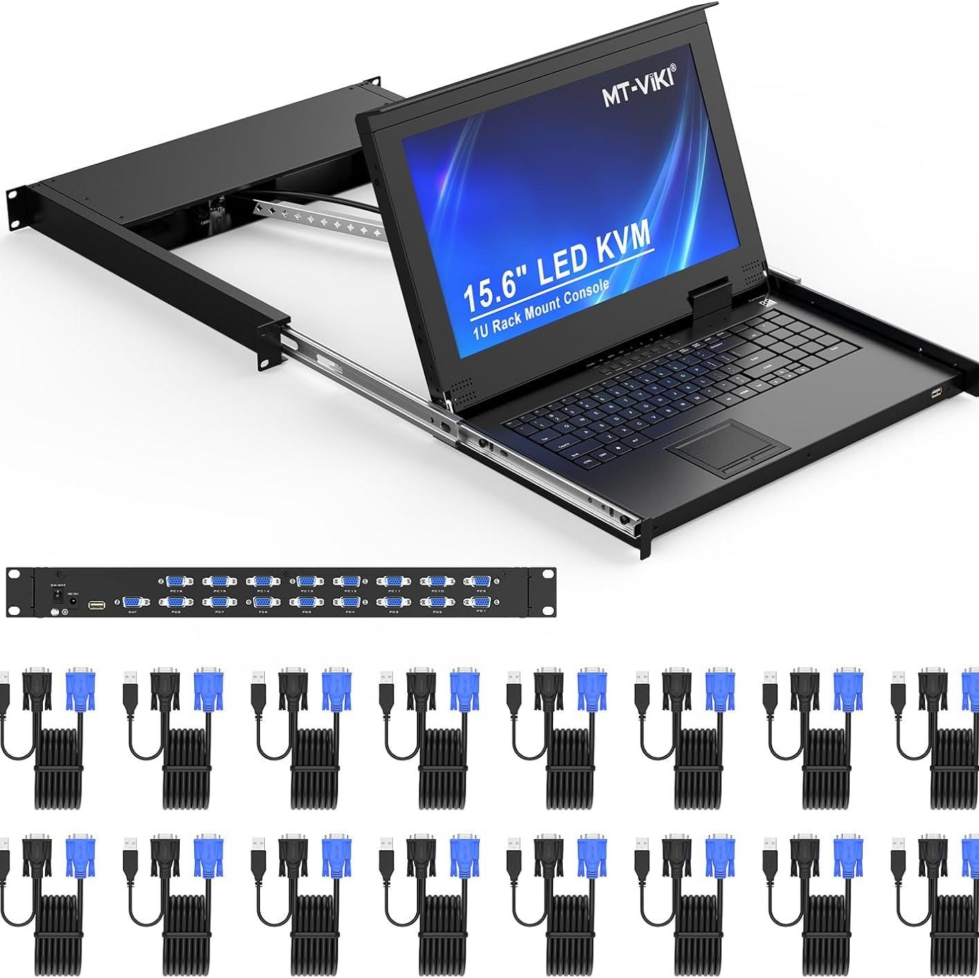 15.6" LCD KVM Console Switch VGA 16 Port, MT-VIKI 1U KVM Drawer + Cables（1516UL） - MT-VIKI