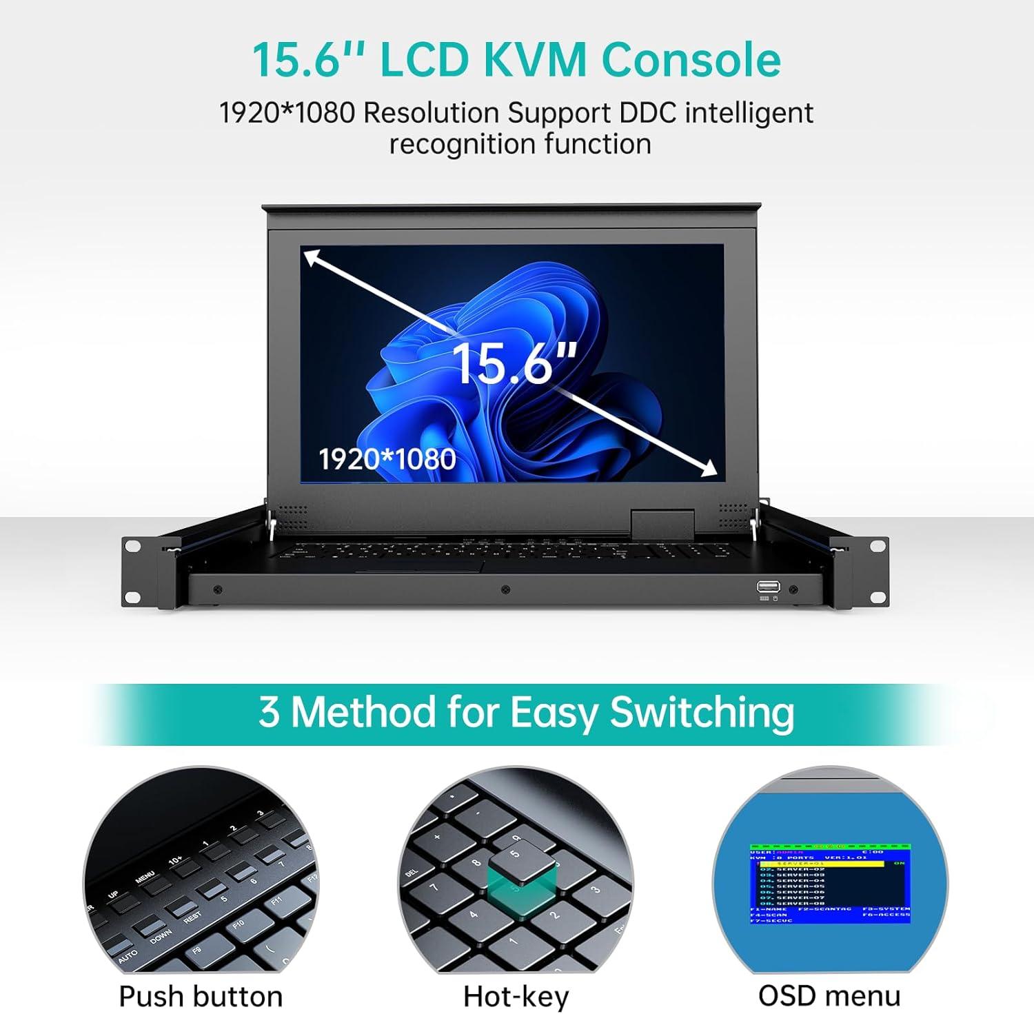 15.6" LCD KVM Console Switch VGA 16 Port, MT-VIKI 1U KVM Drawer + Cables（1516UL） - MT-VIKI
