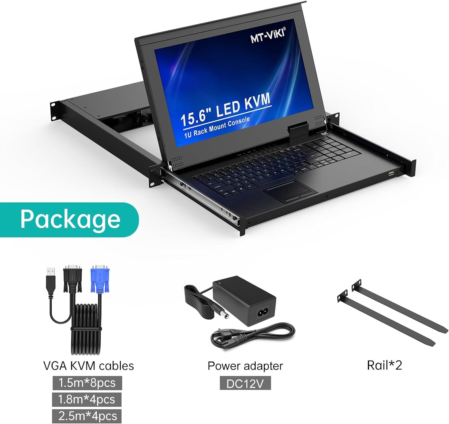15.6" LCD KVM Console Switch VGA 16 Port, MT-VIKI 1U KVM Drawer + Cables（1516UL） - MT-VIKI
