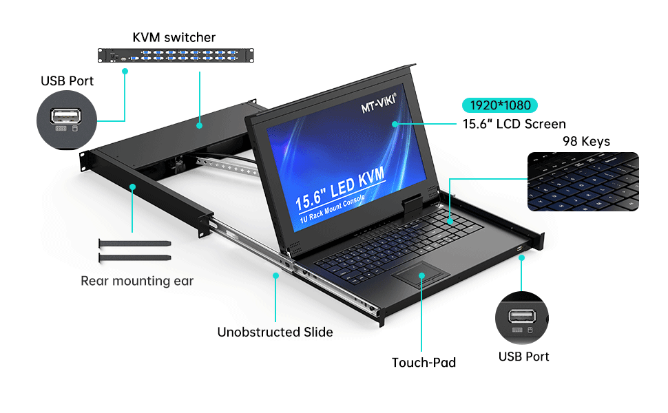 15.6" LCD KVM Console Switch VGA 16 Port, MT-VIKI 1U KVM Drawer + Cables（1516UL） - MT-VIKI