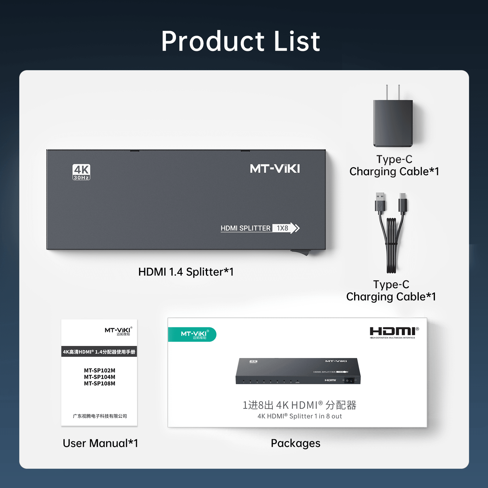 4K HDMI Splitter 1 in 8 Out, MT-VIKI Slim USB C Powered HDMI Splitter 1x8（SP108-B） - MT-VIKI